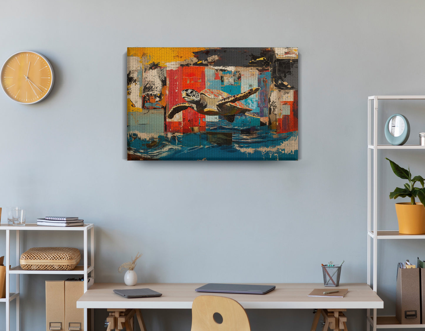 Sea Turtle Abstract Ocean Caribbean wall art displayed as office wall decor