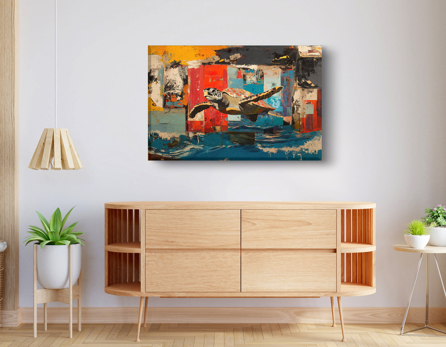 Sea Turtle Abstract Ocean Caribbean wall art displayed as living room wall decor