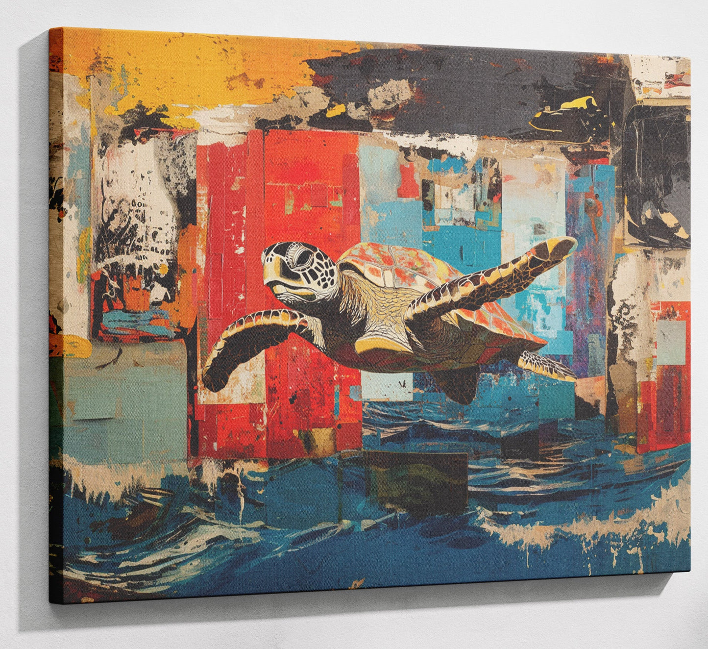 Sea Turtle Abstract Ocean Caribbean wall art canvas print with visible wall art format