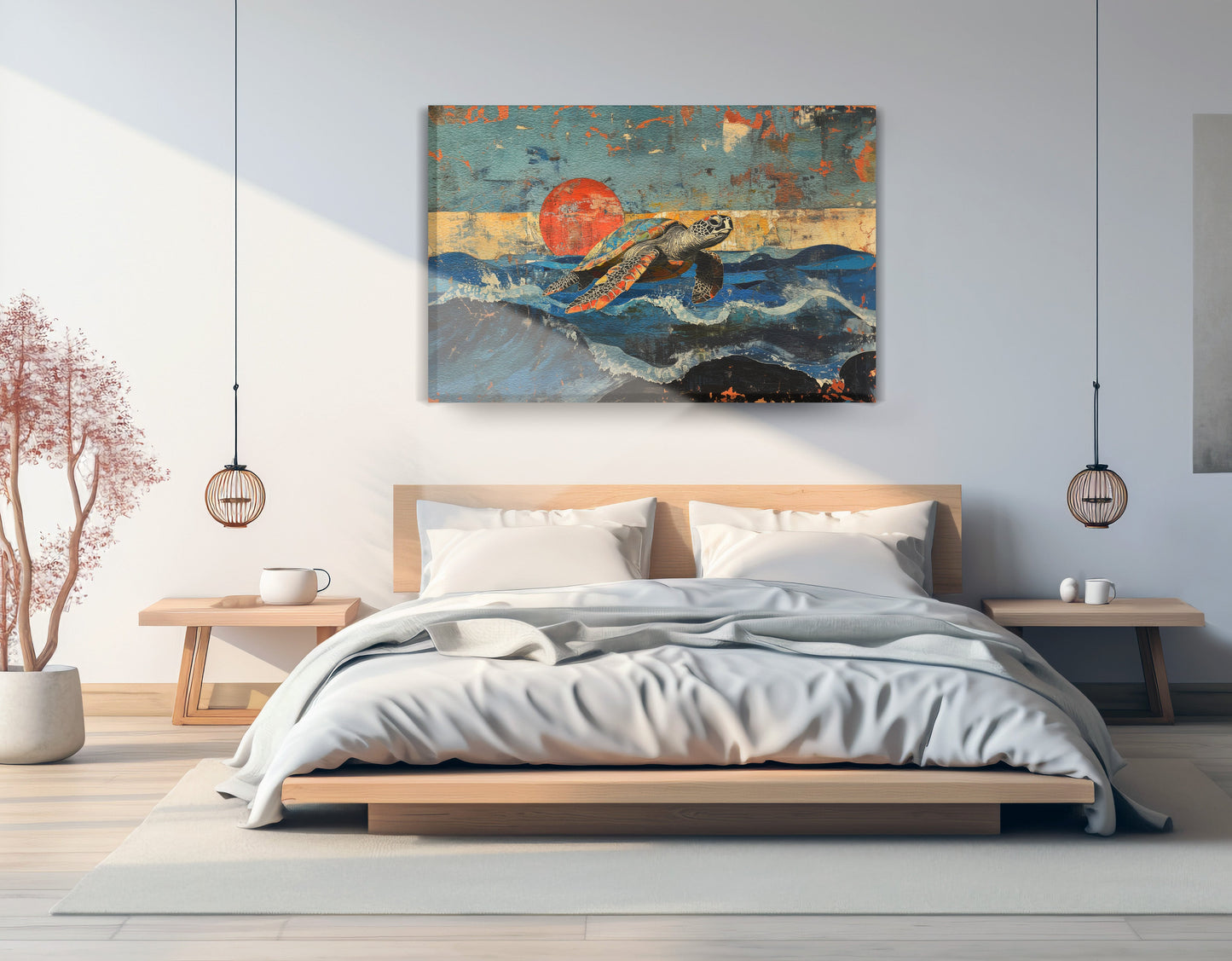 Sea Turtle Sunset Ocean Caribbean wall art displayed as bedroom wall decor