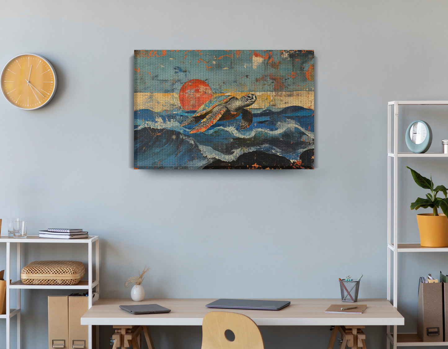 Sea Turtle Sunset Ocean Caribbean wall art displayed as office wall decor