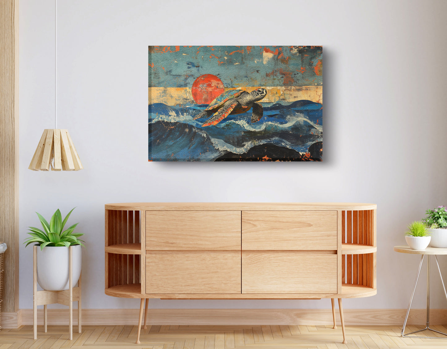 Sea Turtle Sunset Ocean Caribbean wall art displayed as living room wall decor