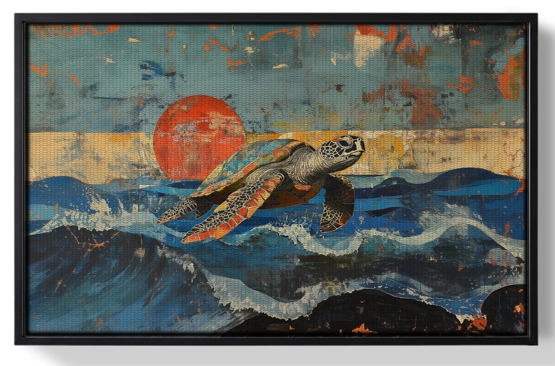 Framed Sea Turtle Sunset Ocean Caribbean wall art for home decor