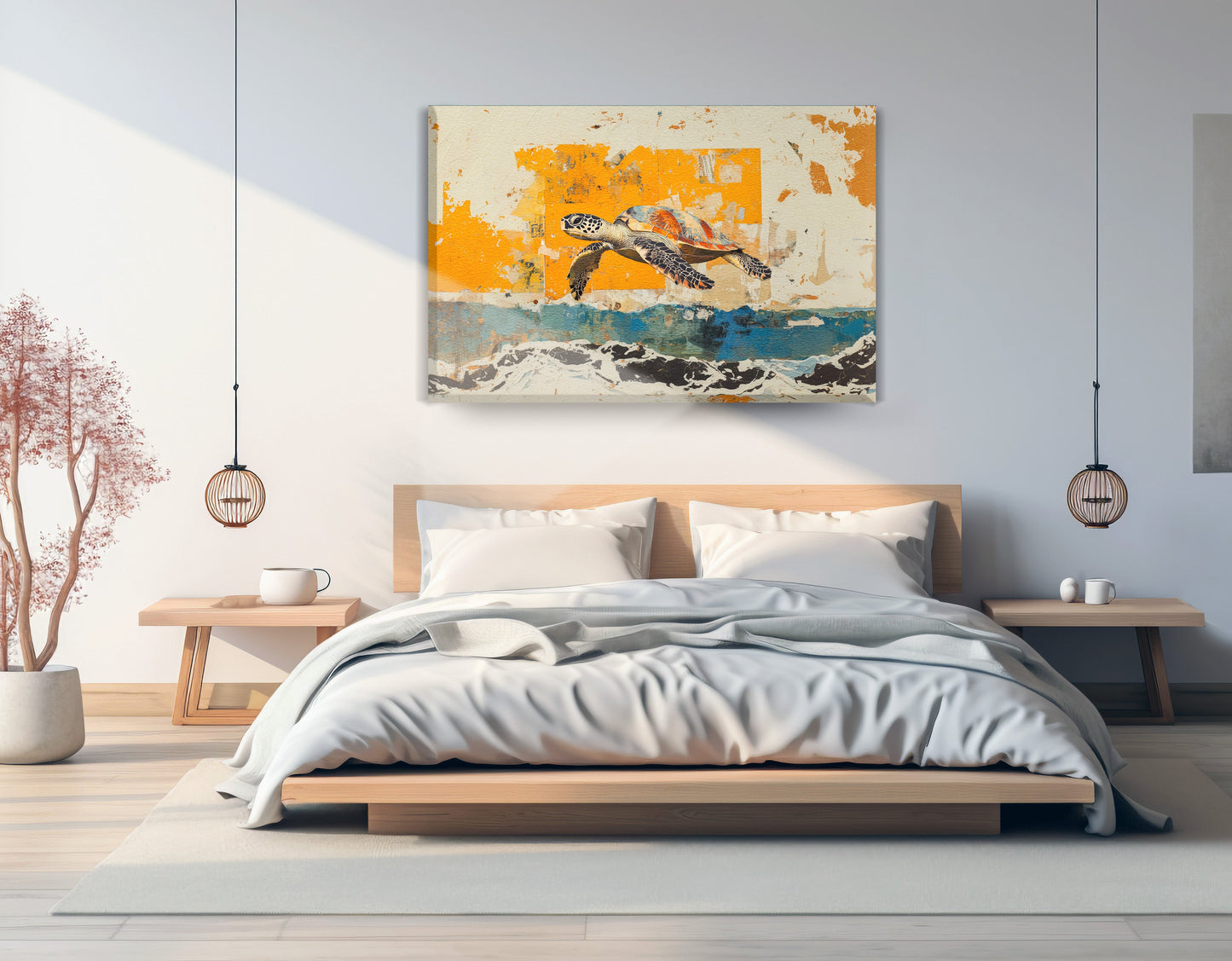 Sea Turtle Coastal Caribbean wall art displayed as bedroom wall decor