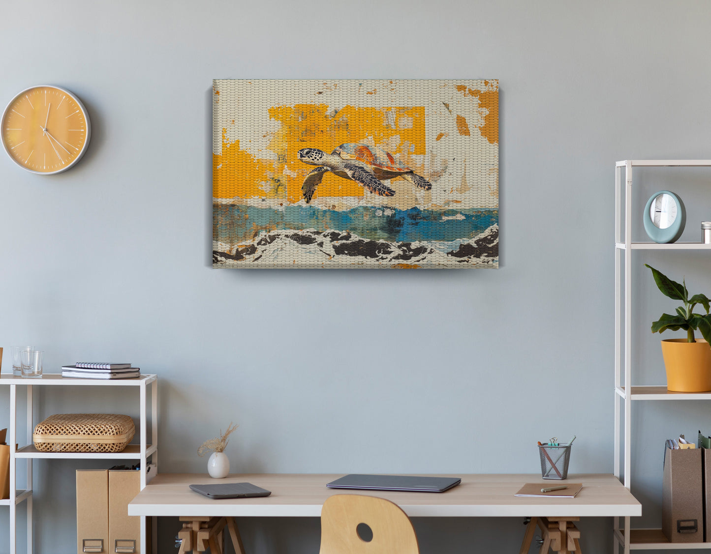 Sea Turtle Coastal Caribbean wall art displayed as office wall decor