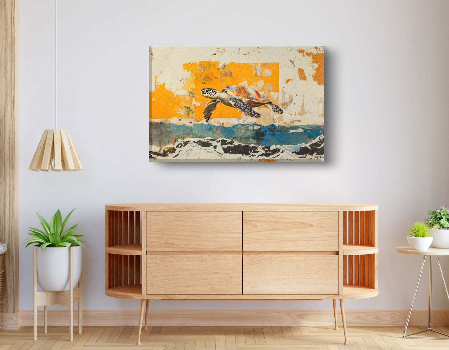Sea Turtle Coastal Caribbean wall art displayed as living room wall decor