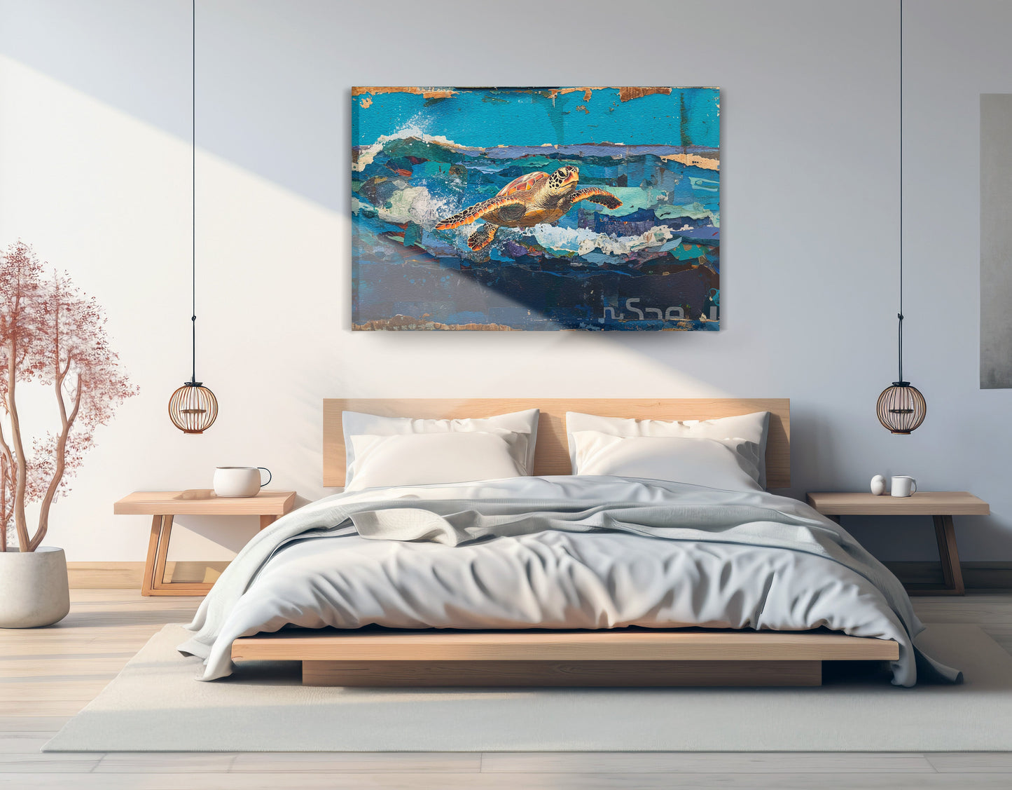 Sea Turtle Blue Ocean Caribbean wall art displayed as bedroom wall decor