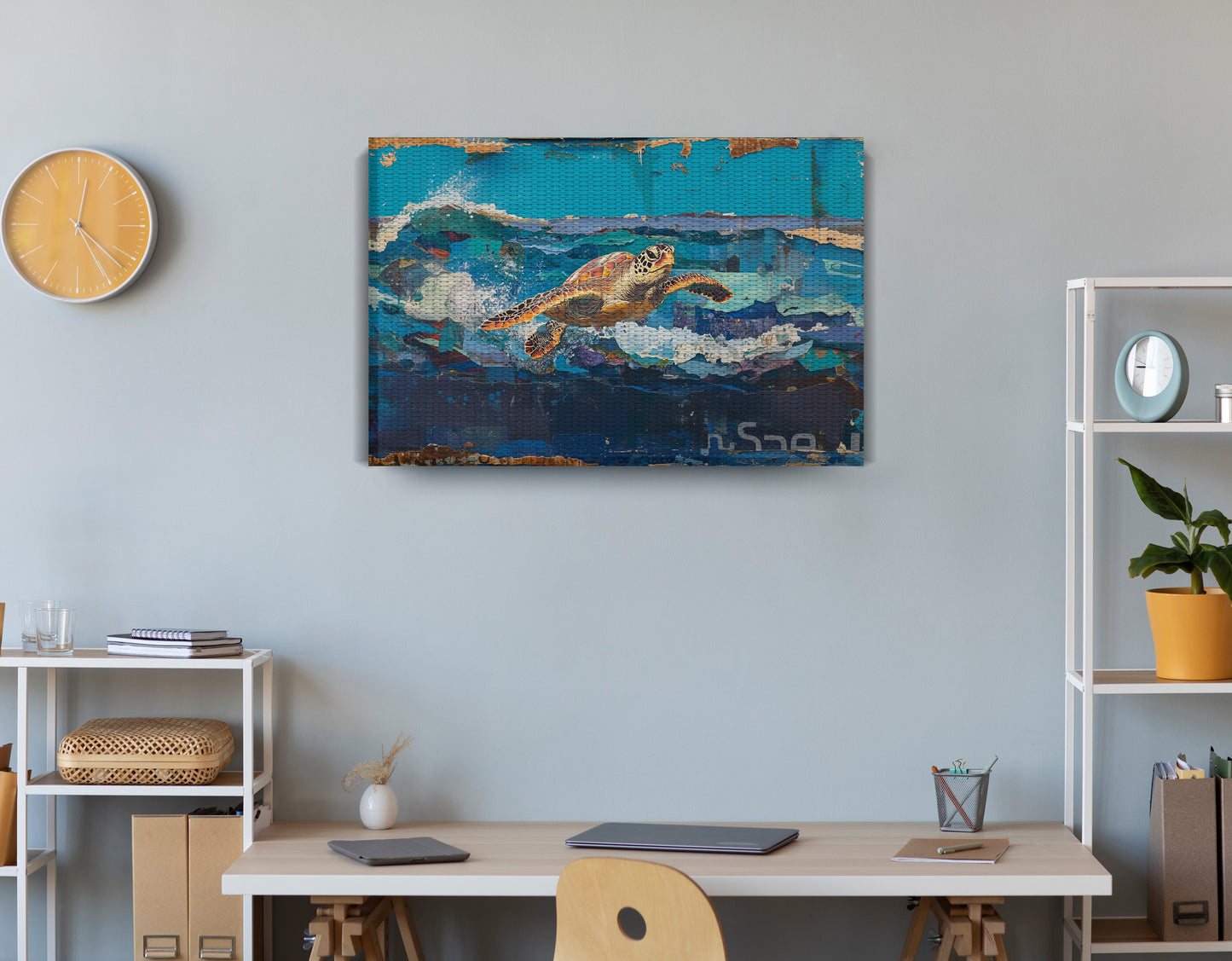 Sea Turtle Blue Ocean Caribbean wall art displayed as office wall decor
