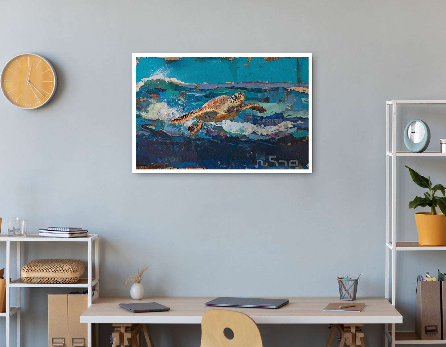 Sea Turtle Blue Ocean Caribbean wall art print view