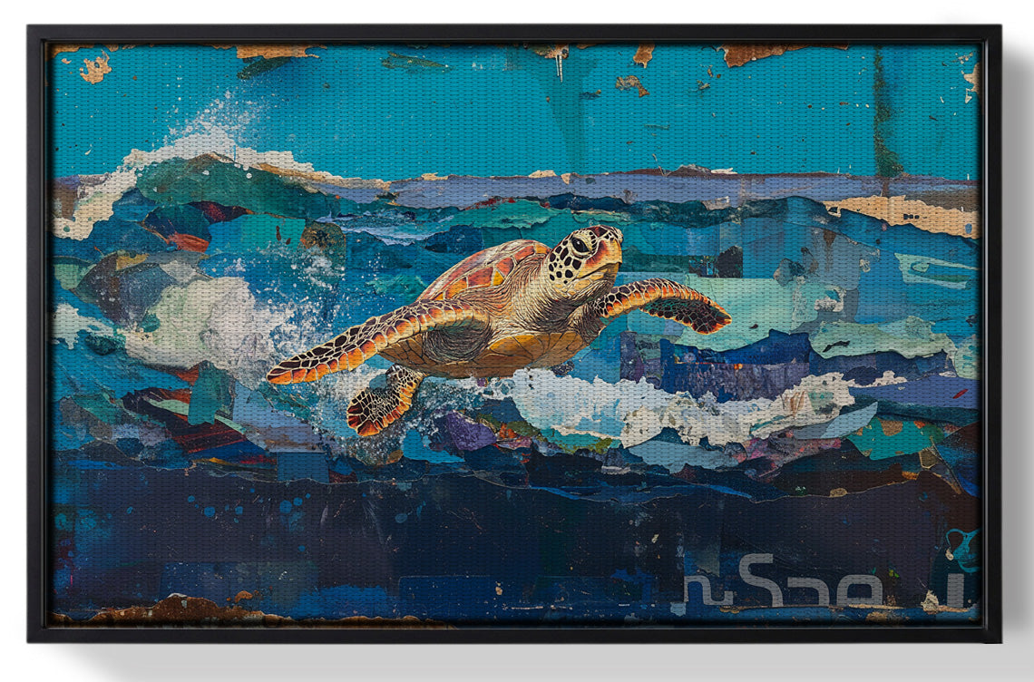Framed Sea Turtle Blue Ocean Caribbean wall art for home decor