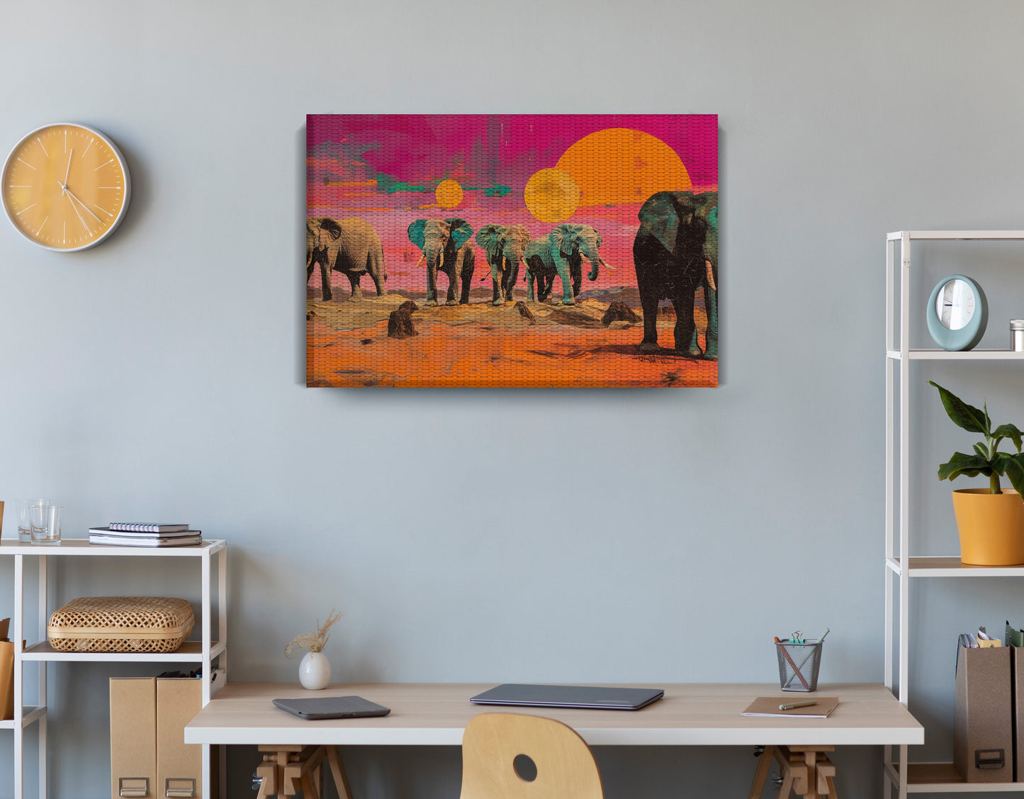 Elephant Sunset Safari Black African American canvas print displayed as office wall decor