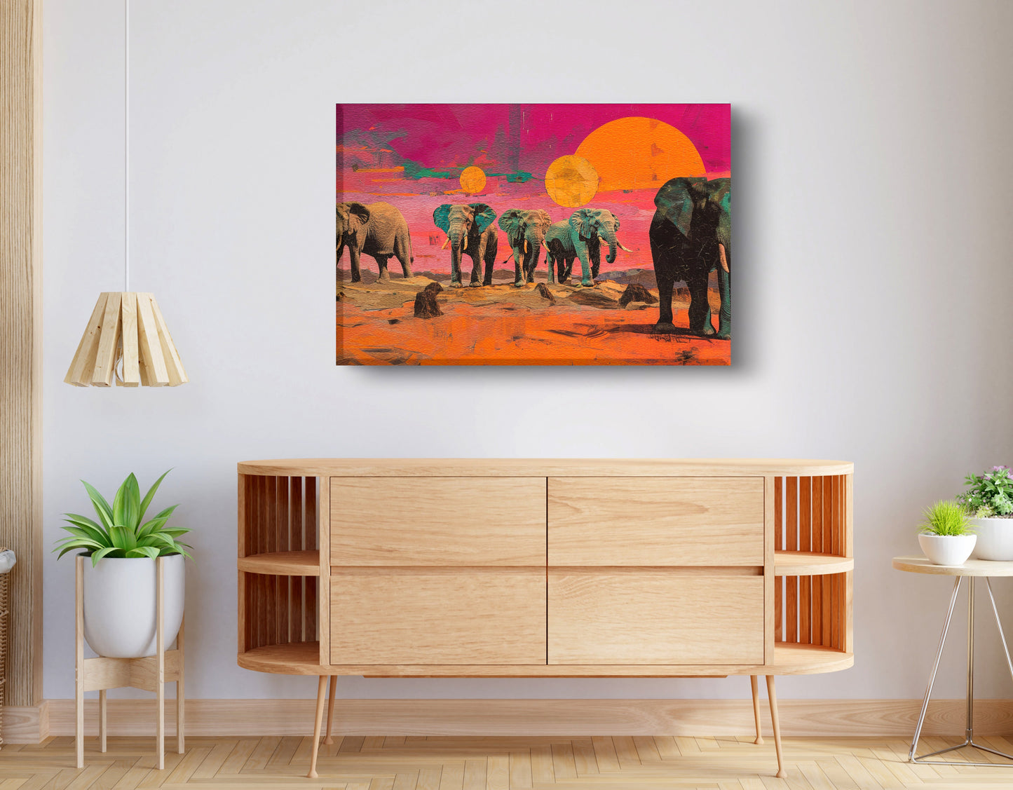 Elephant Sunset Safari Black African American canvas print displayed as living room wall decor
