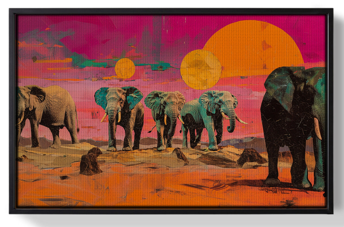 Framed Elephant Sunset Safari Black African American canvas print for home decor