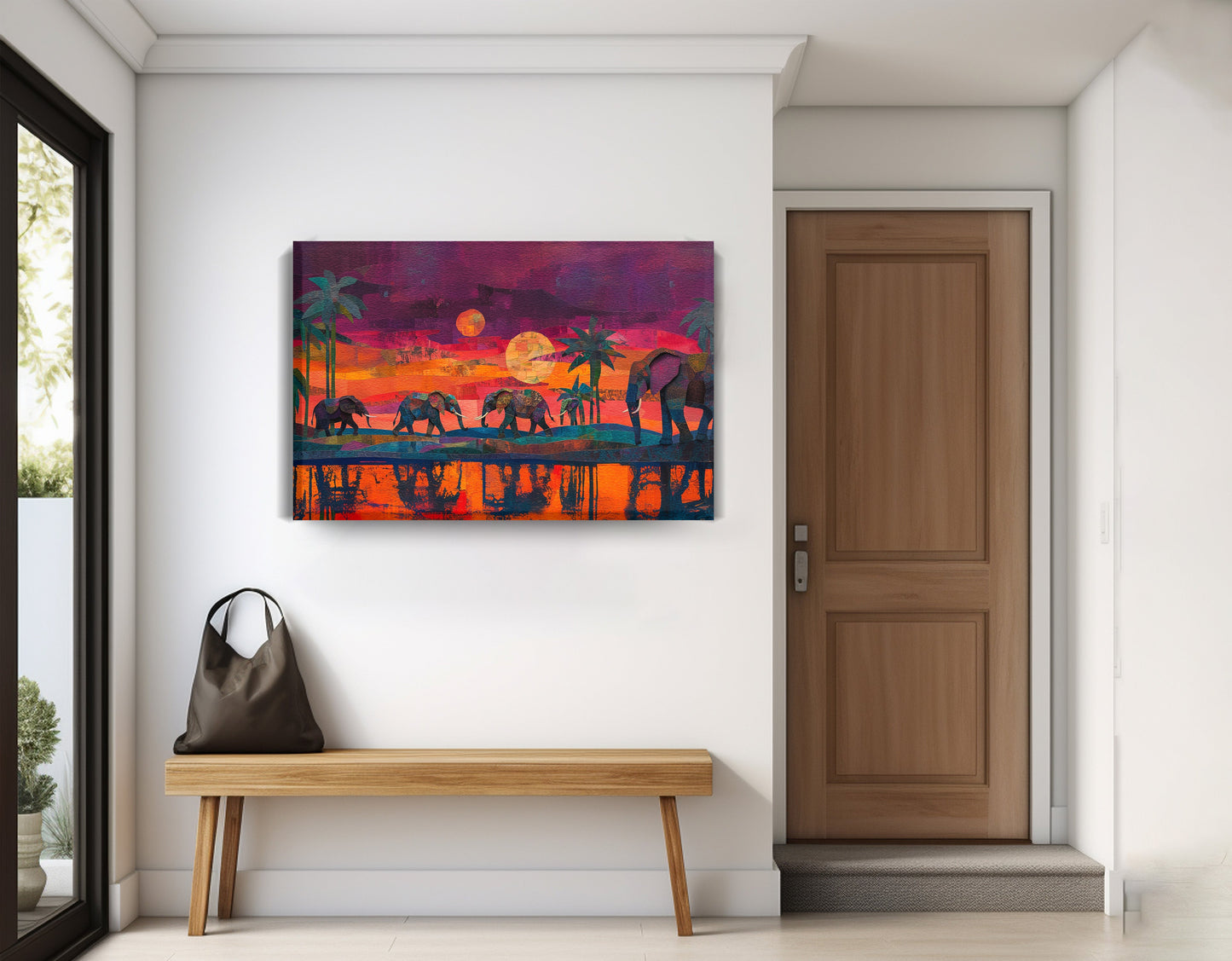 Elephant Herd Sunset Black culture wall art displayed as entryway wall decor