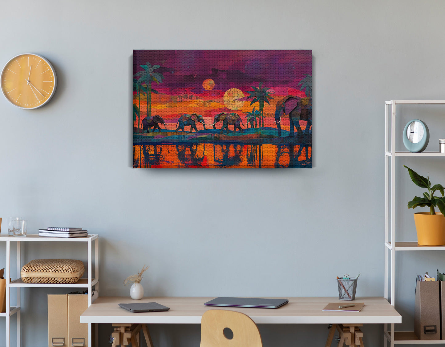 Elephant Herd Sunset Black culture wall art displayed as office wall decor