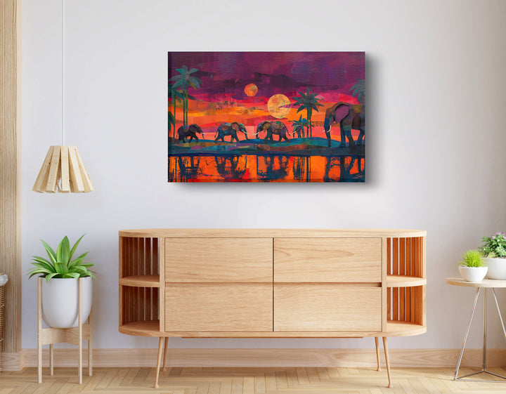 Elephant Herd Sunset African American Wall Art
