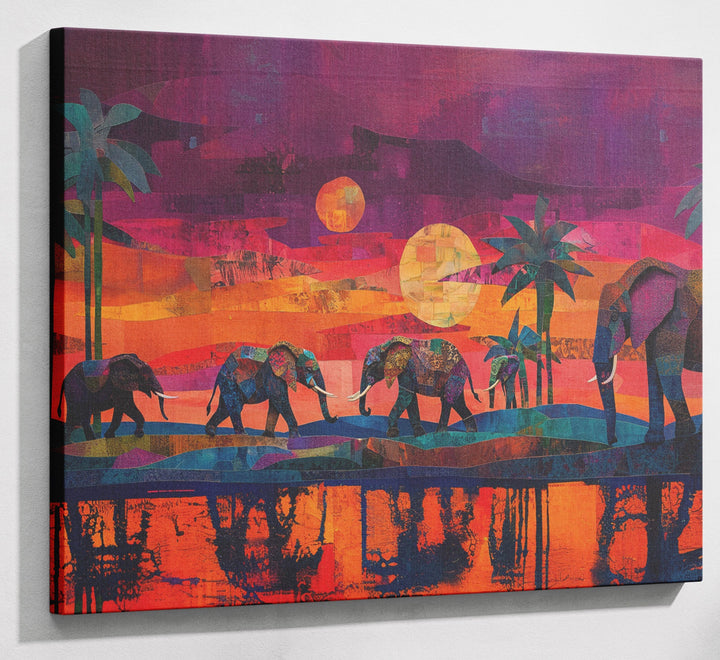 Elephant Herd Sunset Black culture wall art canvas print with visible wall art format