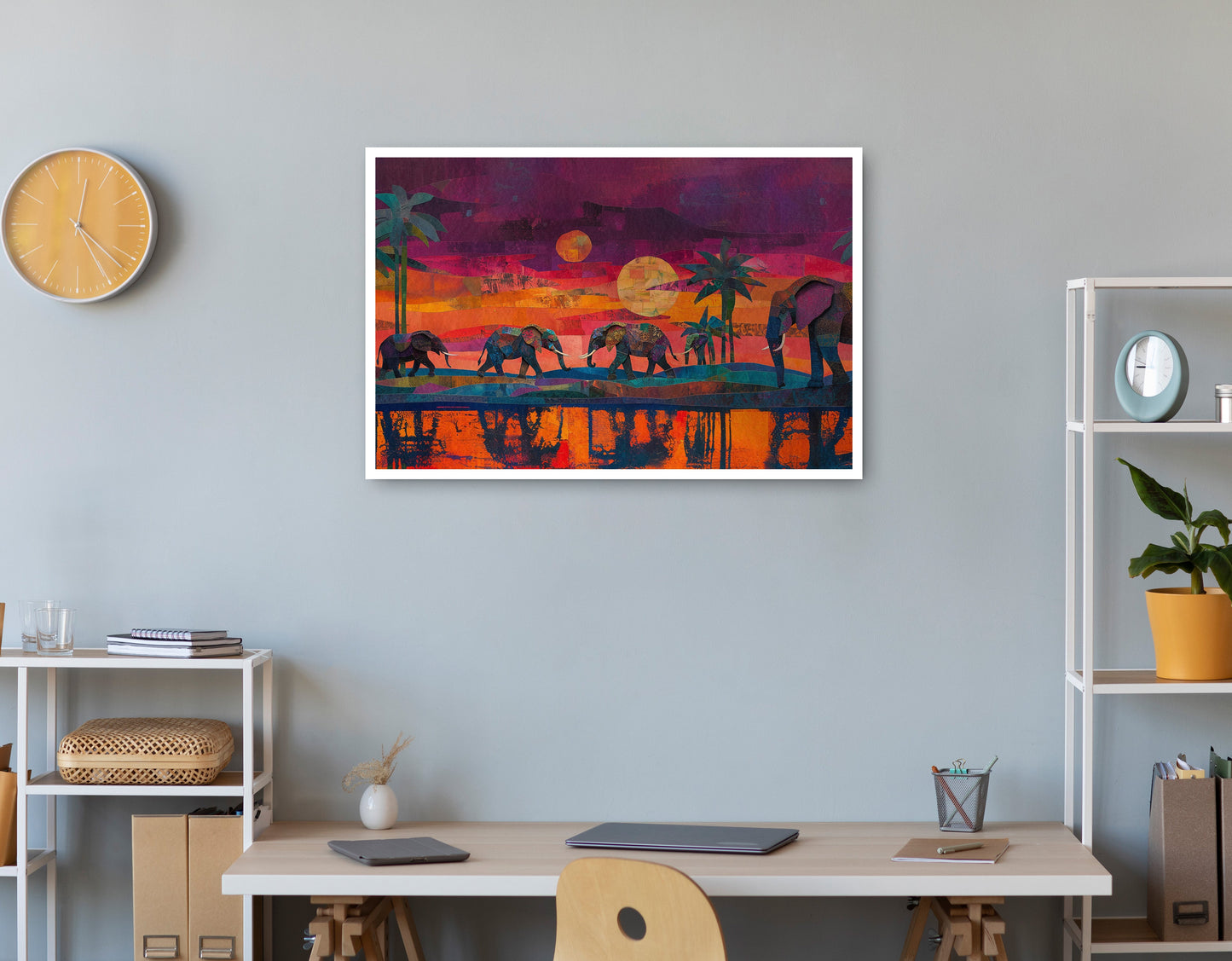 Elephant Herd Sunset Black culture wall art print view
