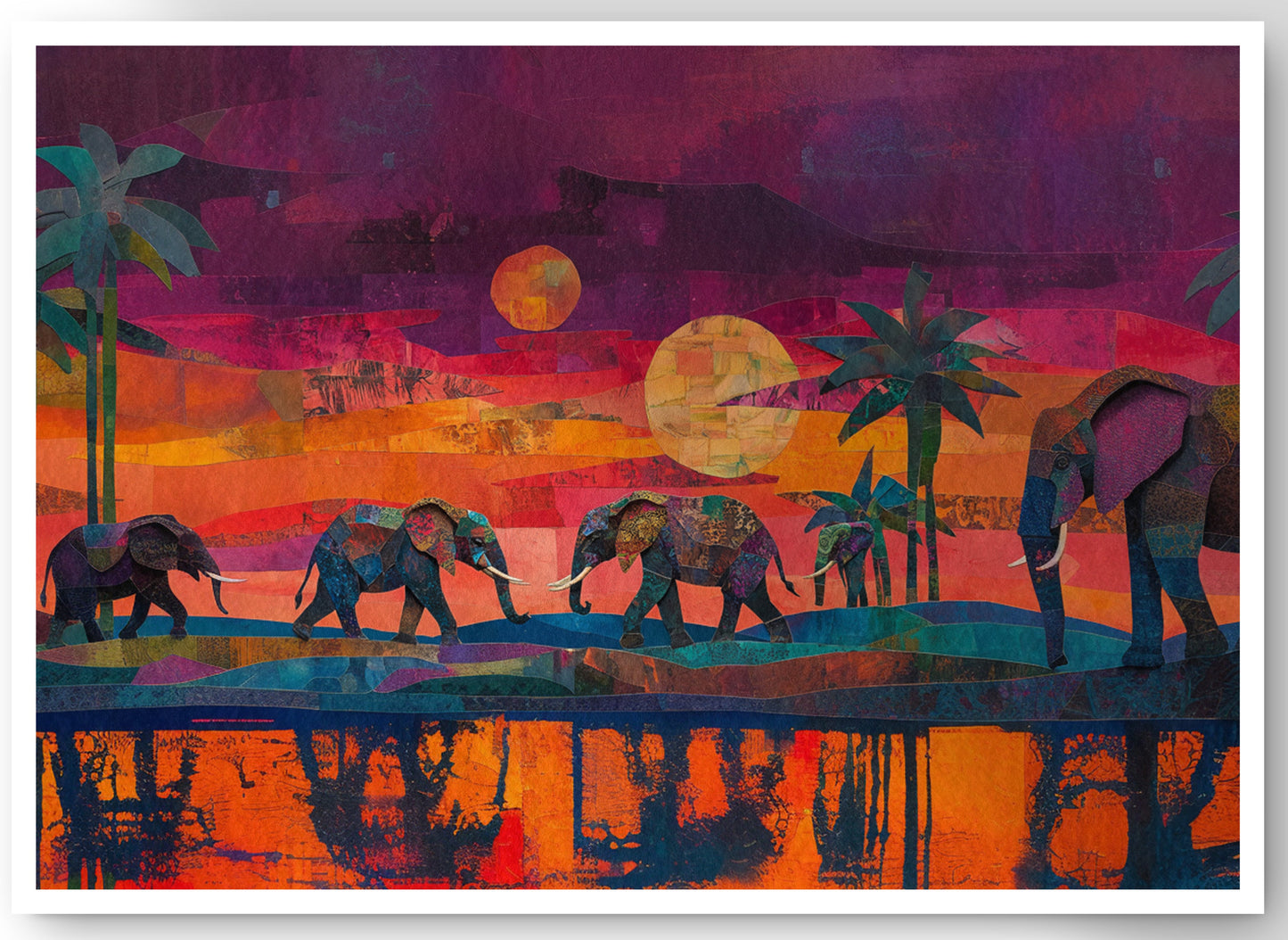 Elephant Herd Sunset Black culture wall art canvas print by MoomZee Artwork