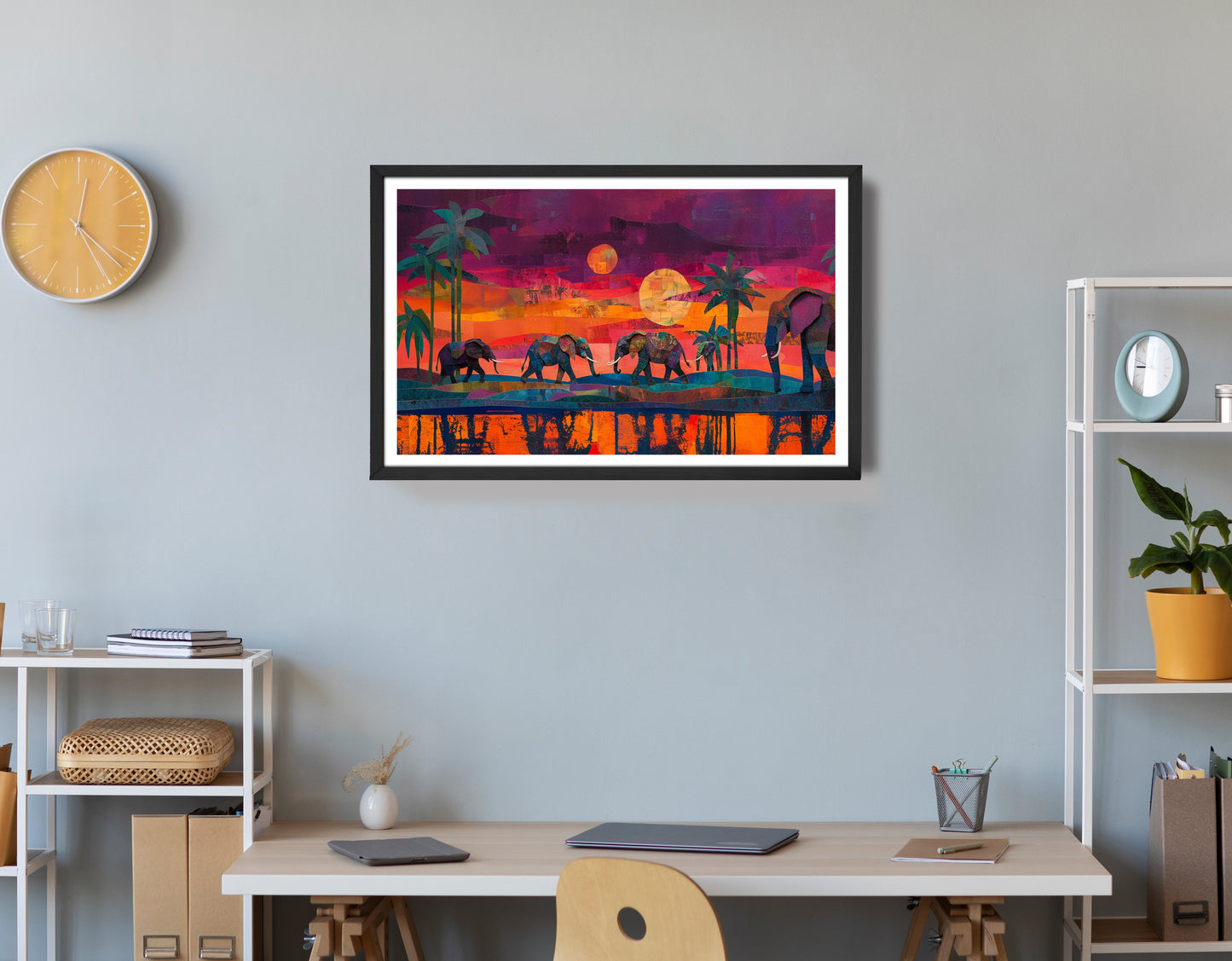 Elephant Herd Sunset Black culture wall art view 72