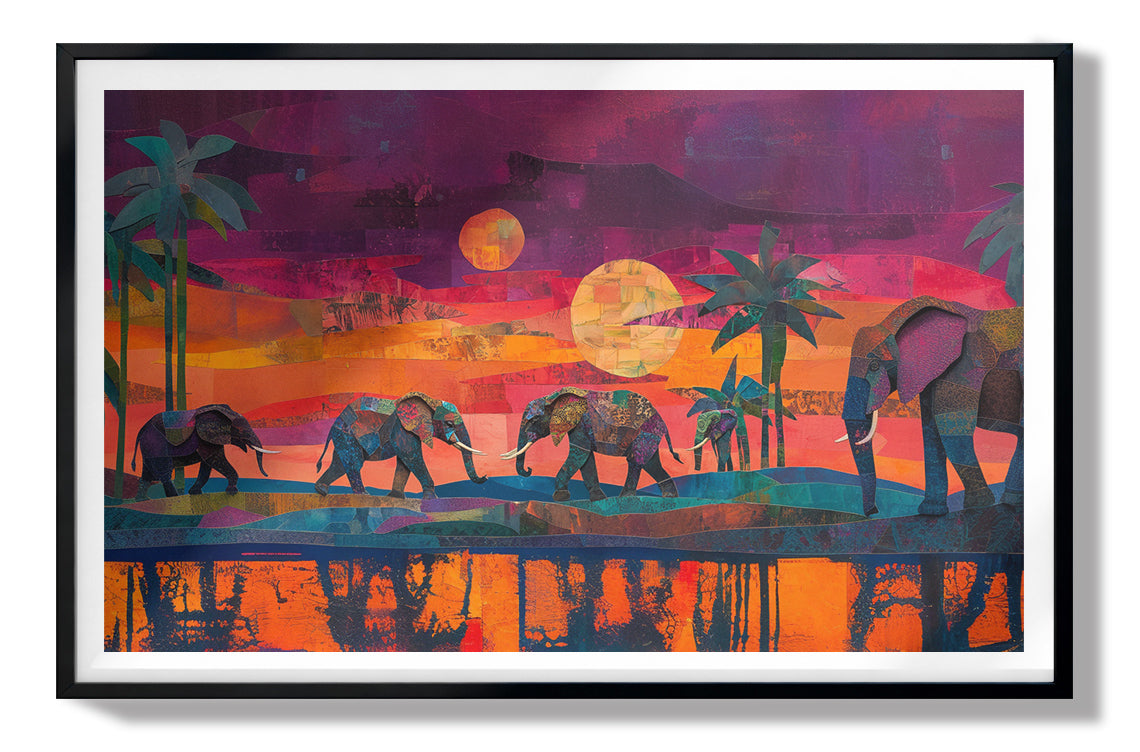 Elephant Herd Sunset Black culture wall art view 67