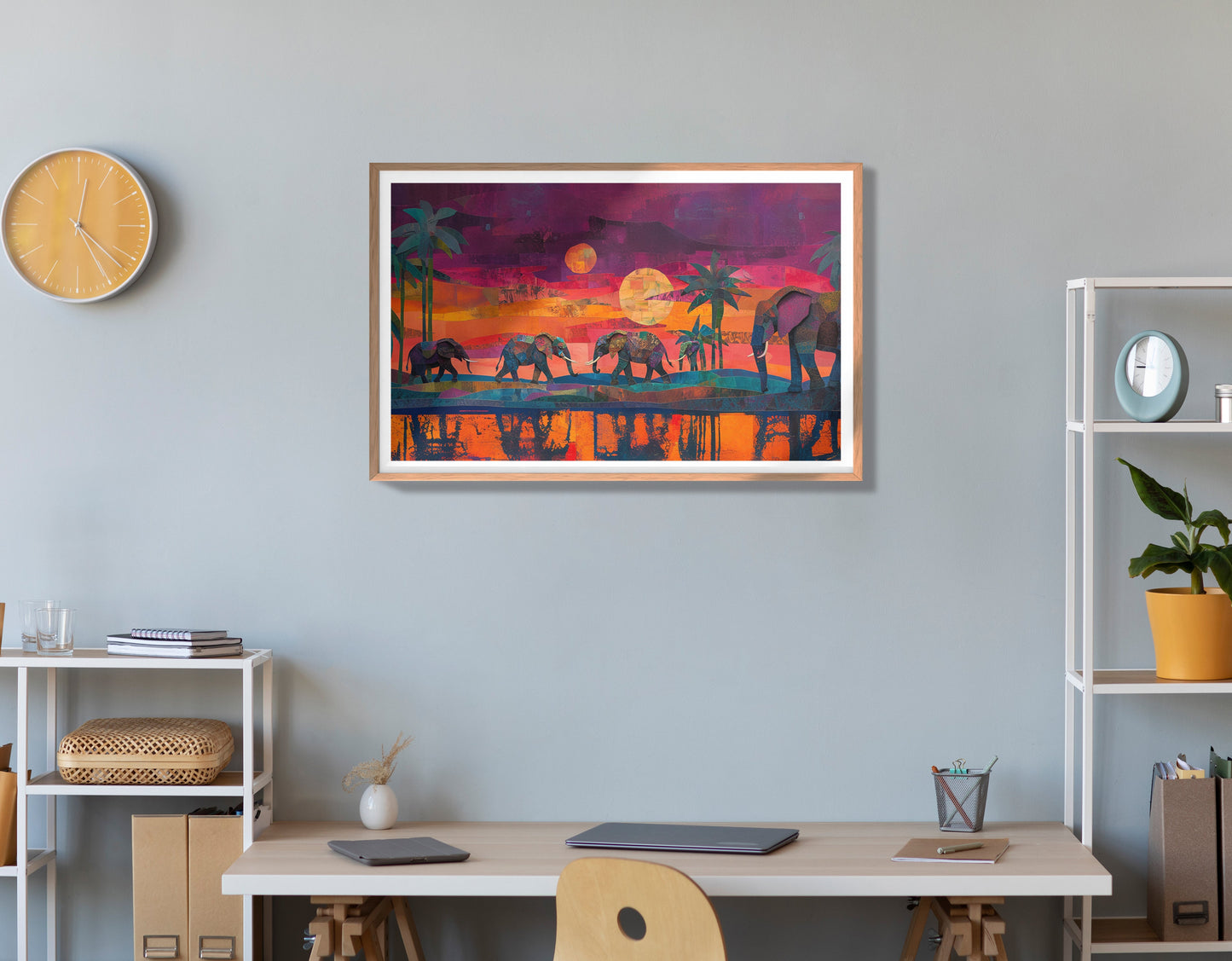 Elephant Herd Sunset Black culture wall art view 84