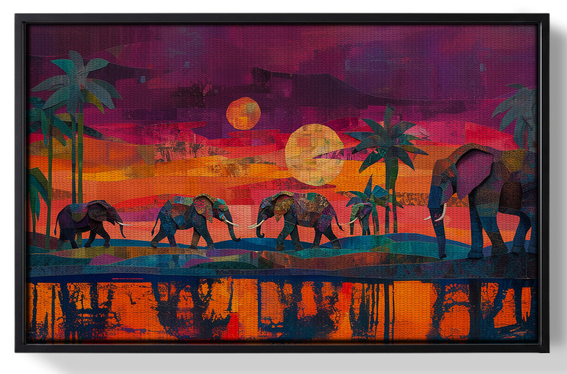 Framed Elephant Herd Sunset Black culture wall art for home decor