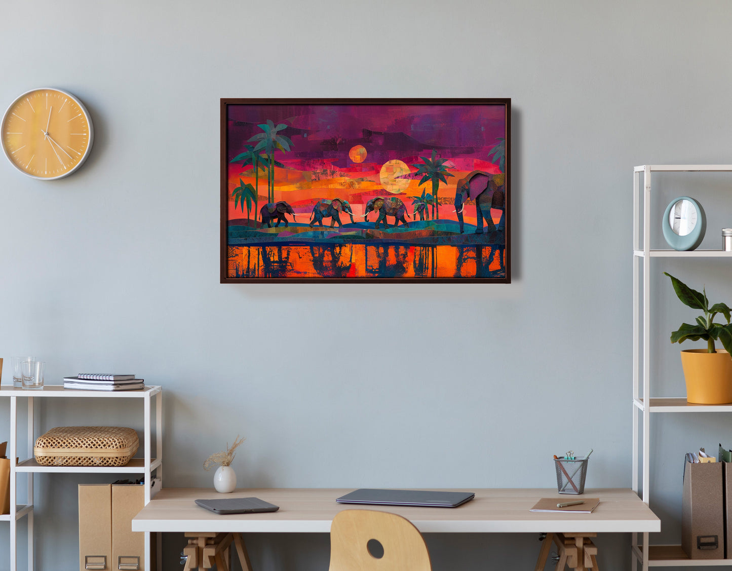 Elephant Herd Sunset Black culture wall art view 36