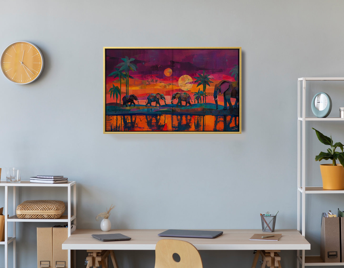Elephant Herd Sunset Black culture wall art view 42
