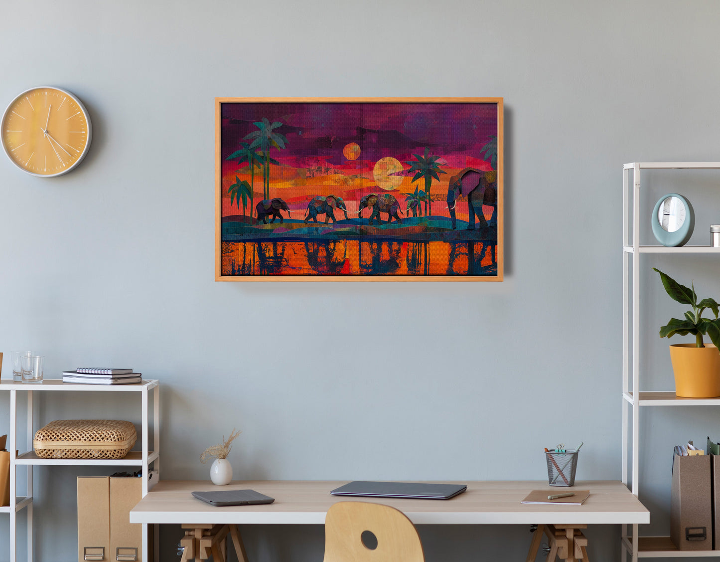 Elephant Herd Sunset Black culture wall art view 48