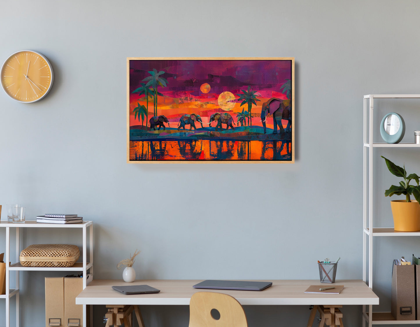 Elephant Herd Sunset Black culture wall art view 54