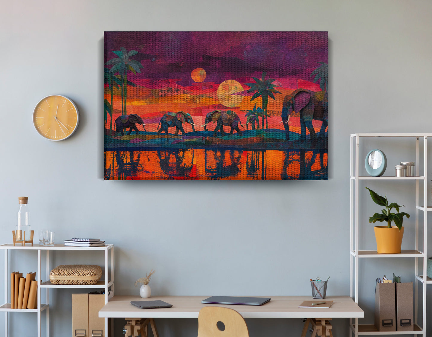Elephant Herd Sunset Black culture wall art view 18