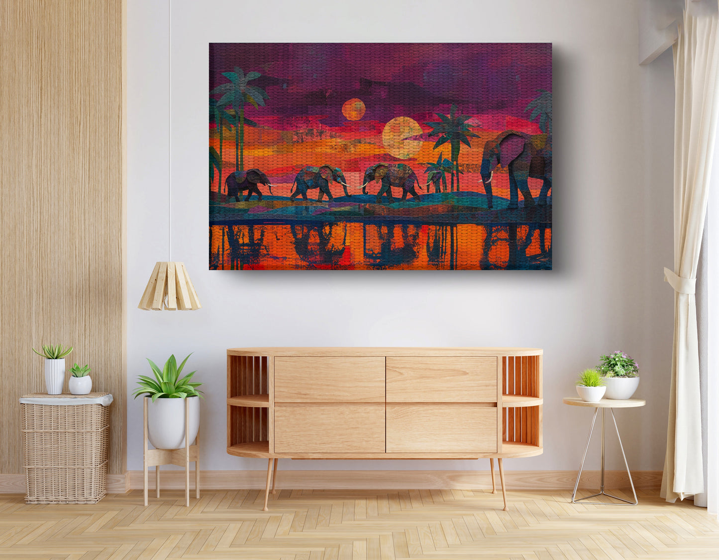 Elephant Herd Sunset Black culture wall art view 14