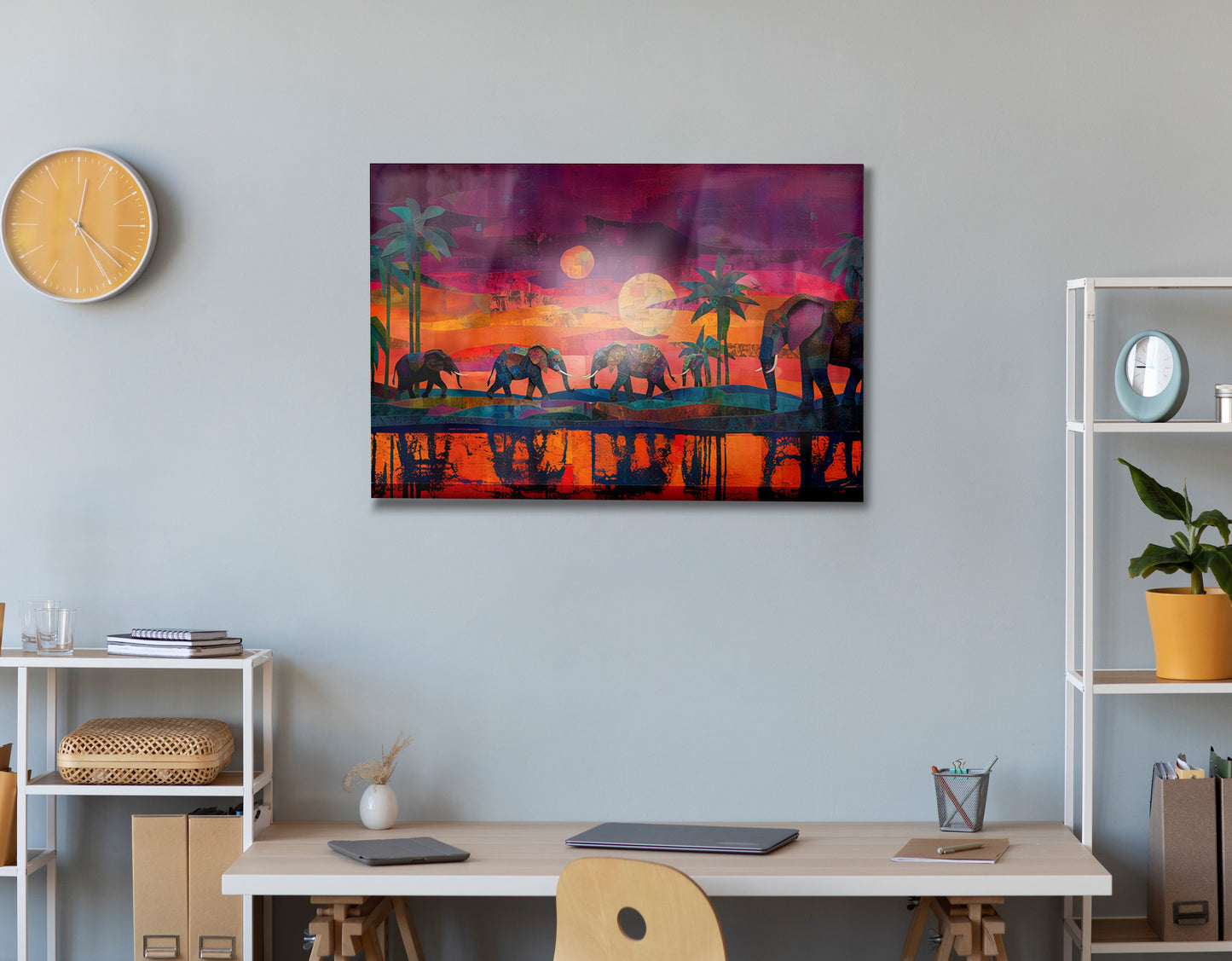 Elephant Herd Sunset Black culture wall art view 24