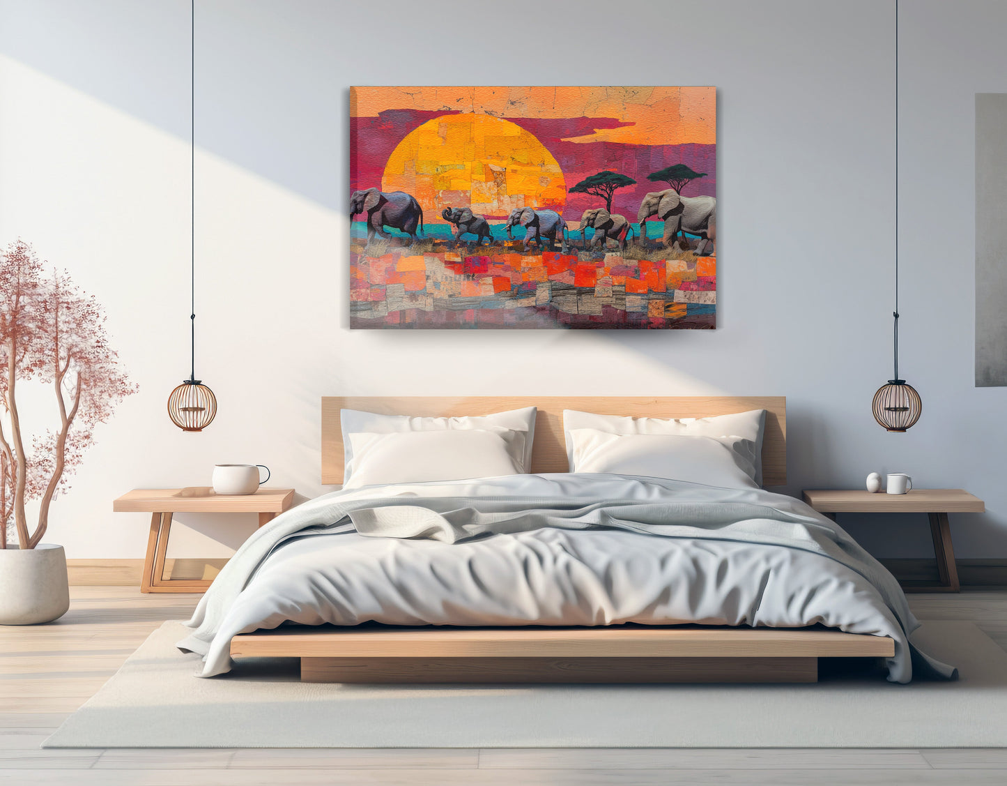 Elephant Parade Sunset Black African American canvas print displayed as bedroom wall decor