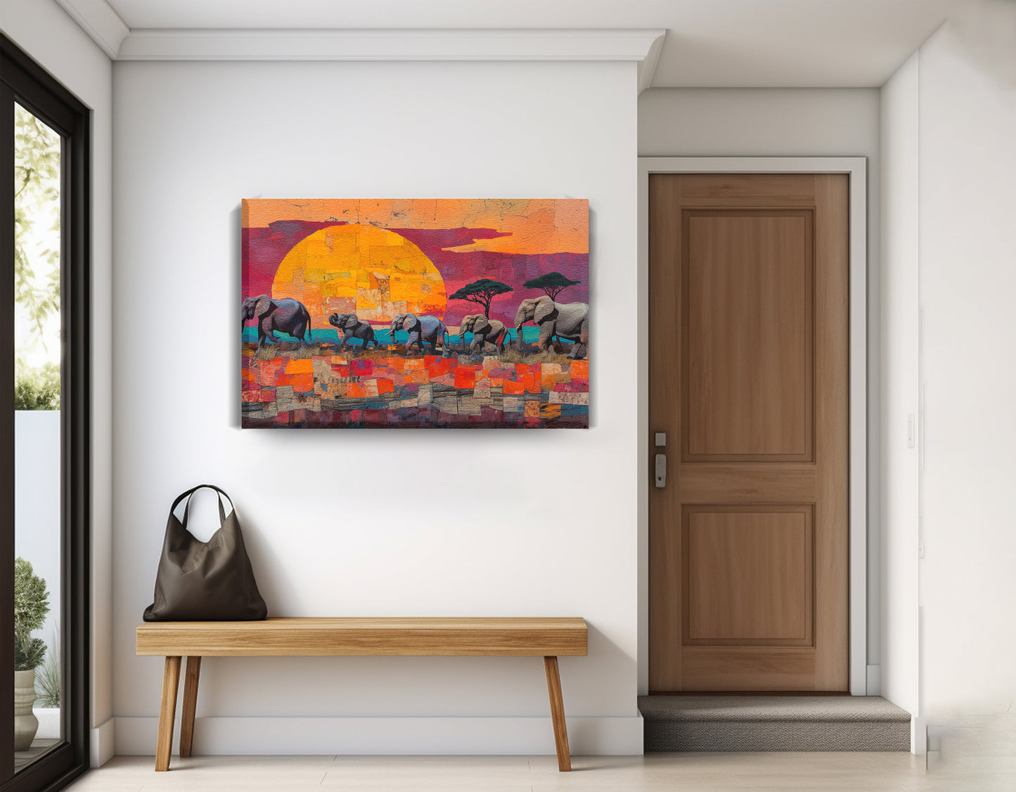 Elephant Parade Sunset Black African American canvas print displayed as entryway wall decor