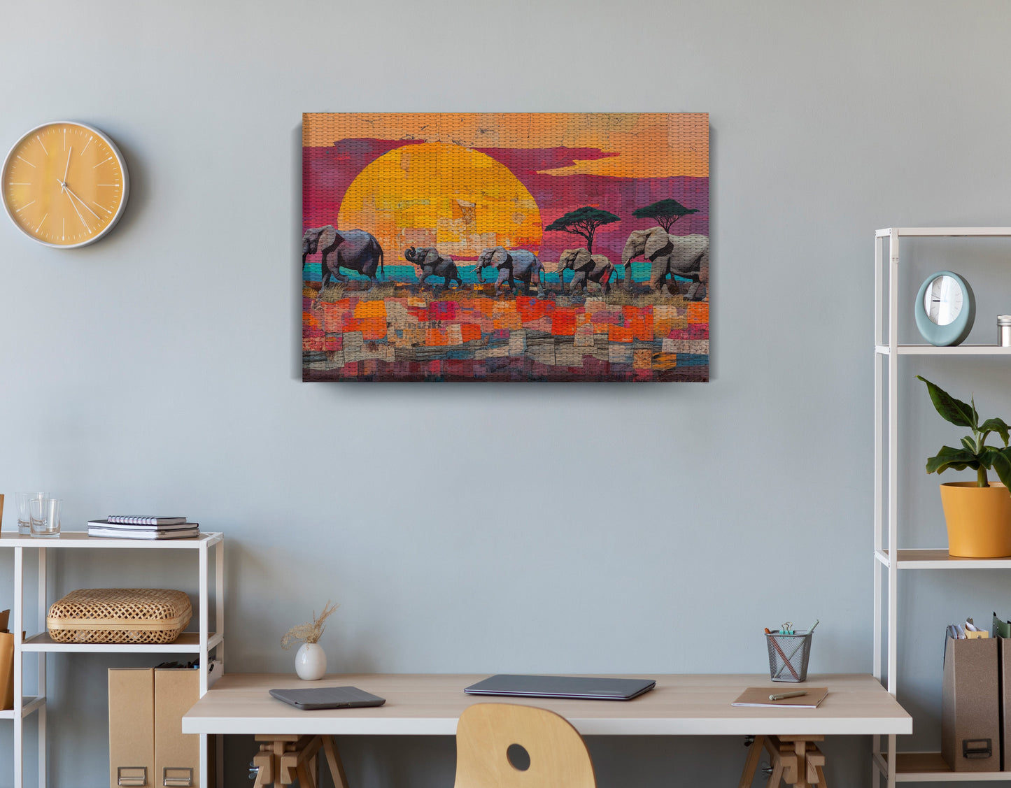 Elephant Parade Sunset Black African American canvas print displayed as office wall decor