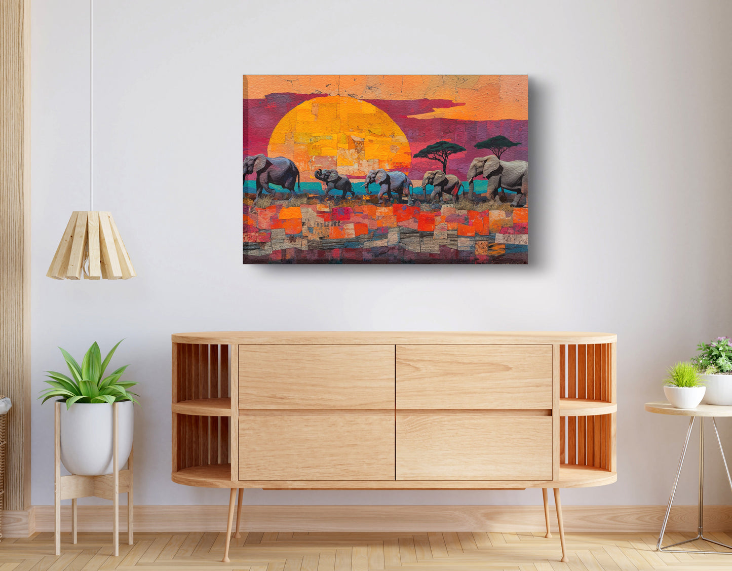 Elephant Parade Sunset Black African American canvas print displayed as living room wall decor