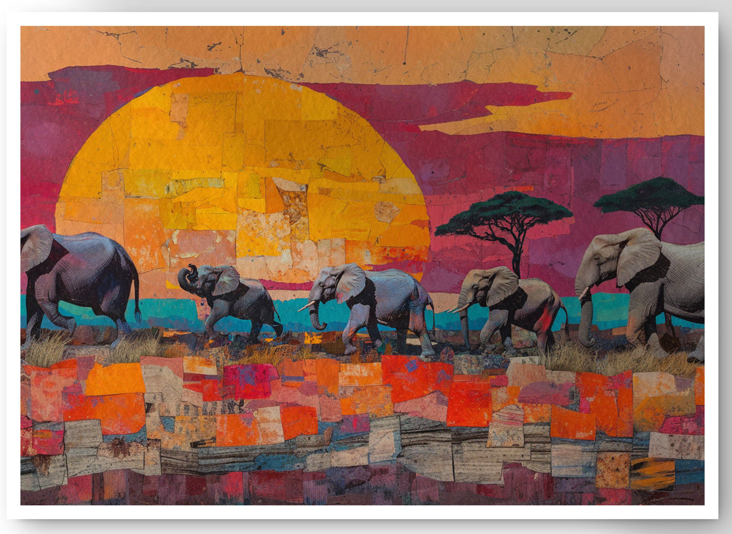 Elephant Parade Sunset Black African American canvas print by MoomZee Artwork