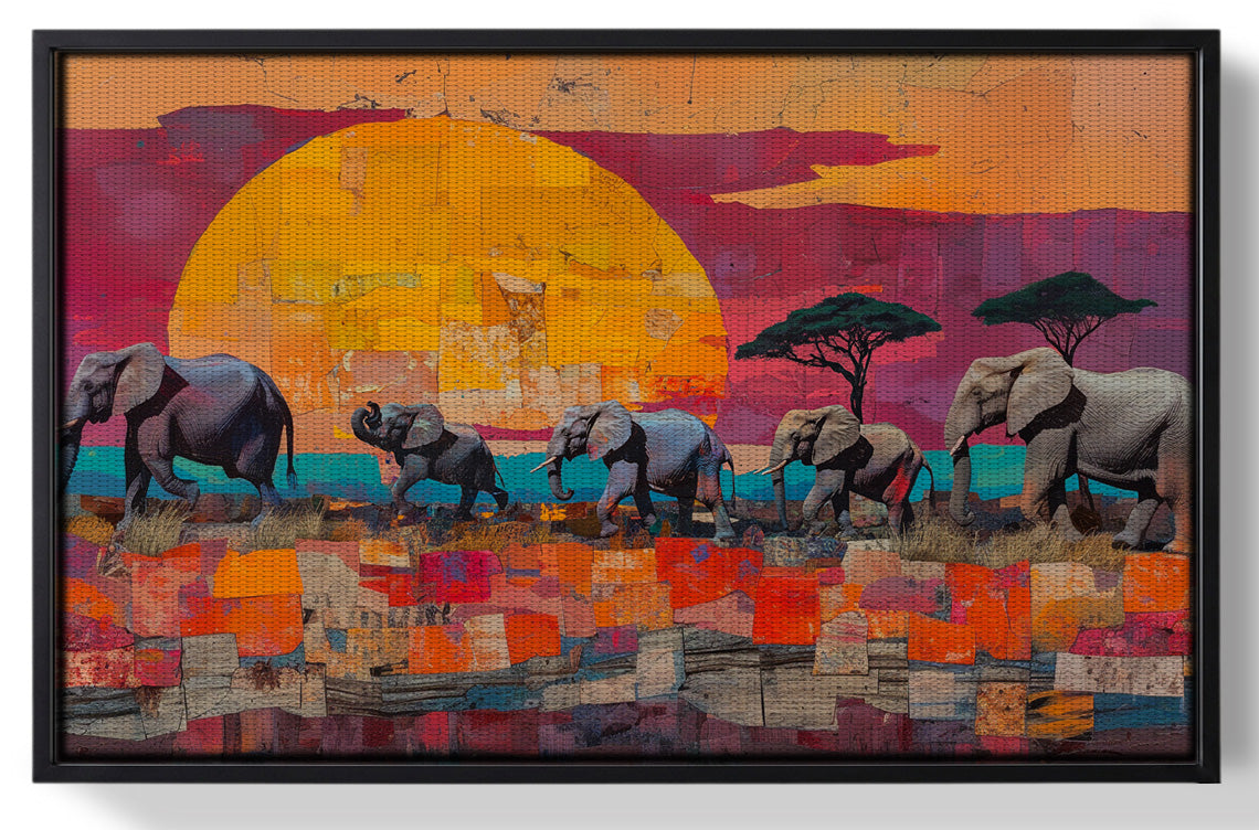 Framed Elephant Parade Sunset Black African American canvas print for home decor