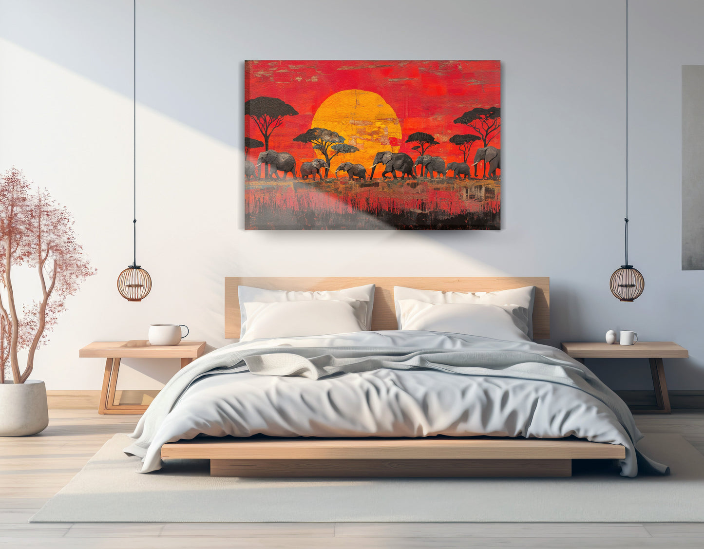 Elephant Family Sunset African American canvas print displayed as bedroom wall decor