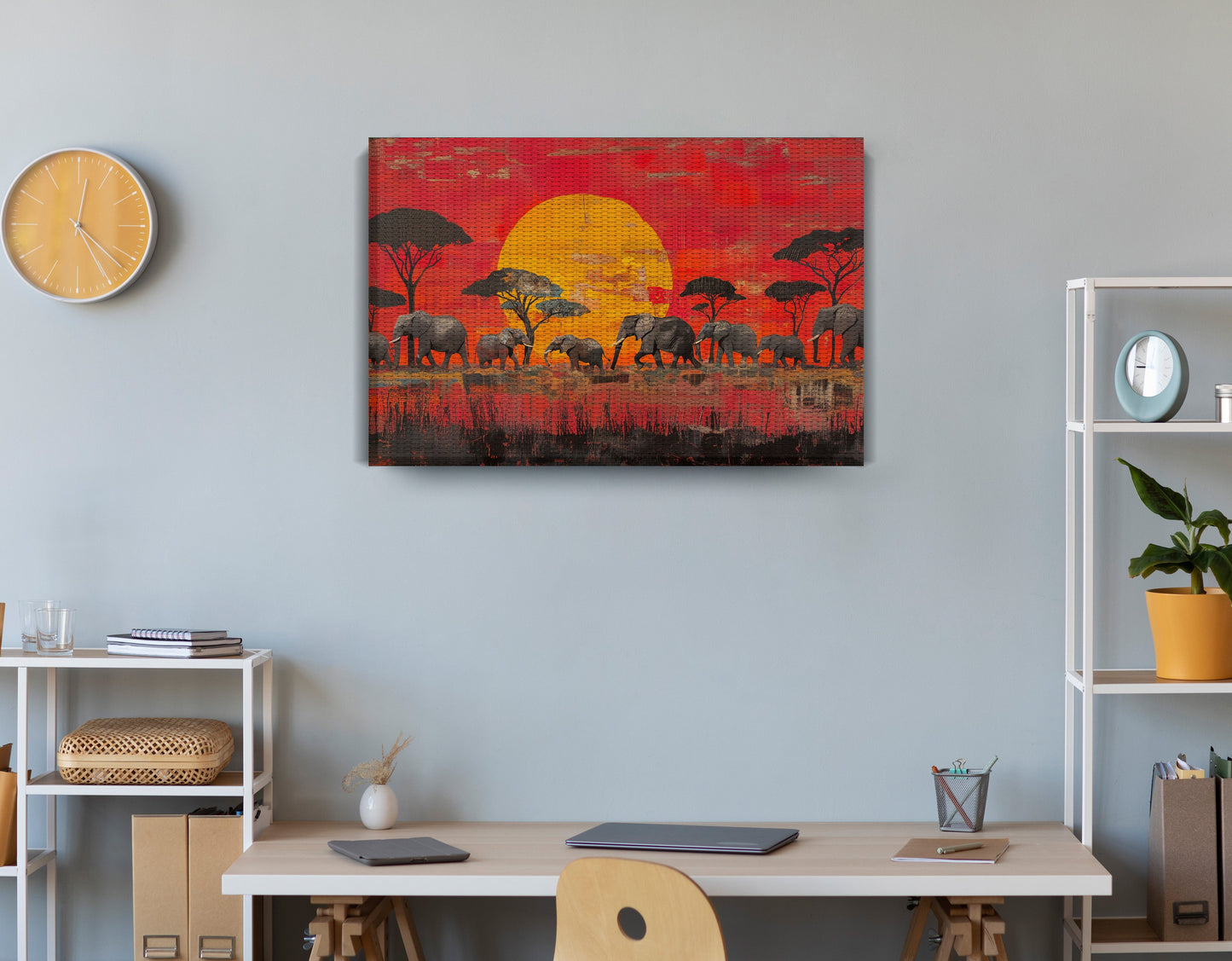 Elephant Family Sunset African American canvas print displayed as office wall decor
