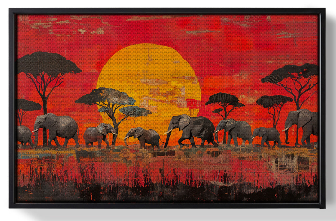 Framed Elephant Family Sunset African American canvas print for home decor