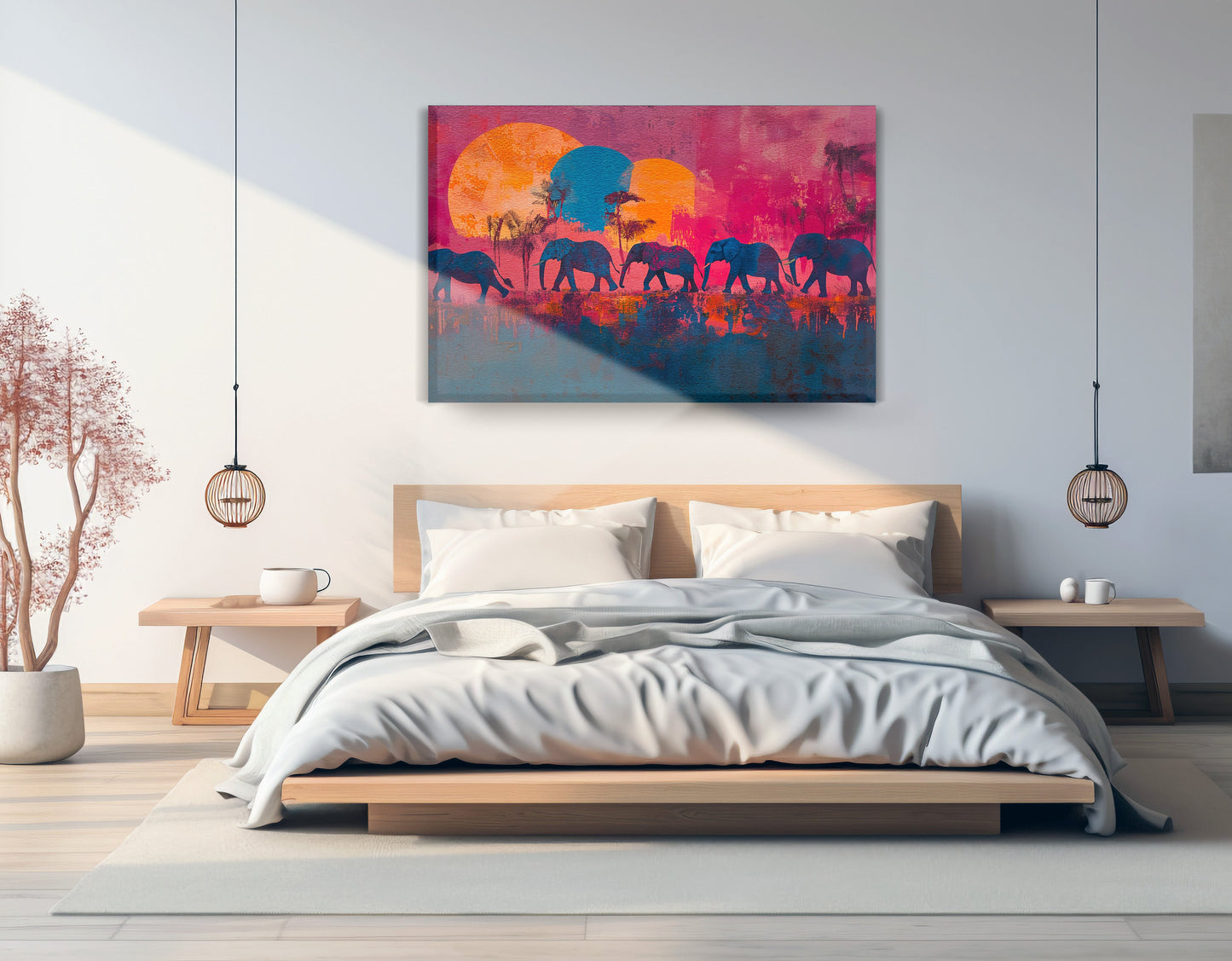 Elephant Silhouette Sunset African American canvas print displayed as bedroom wall decor
