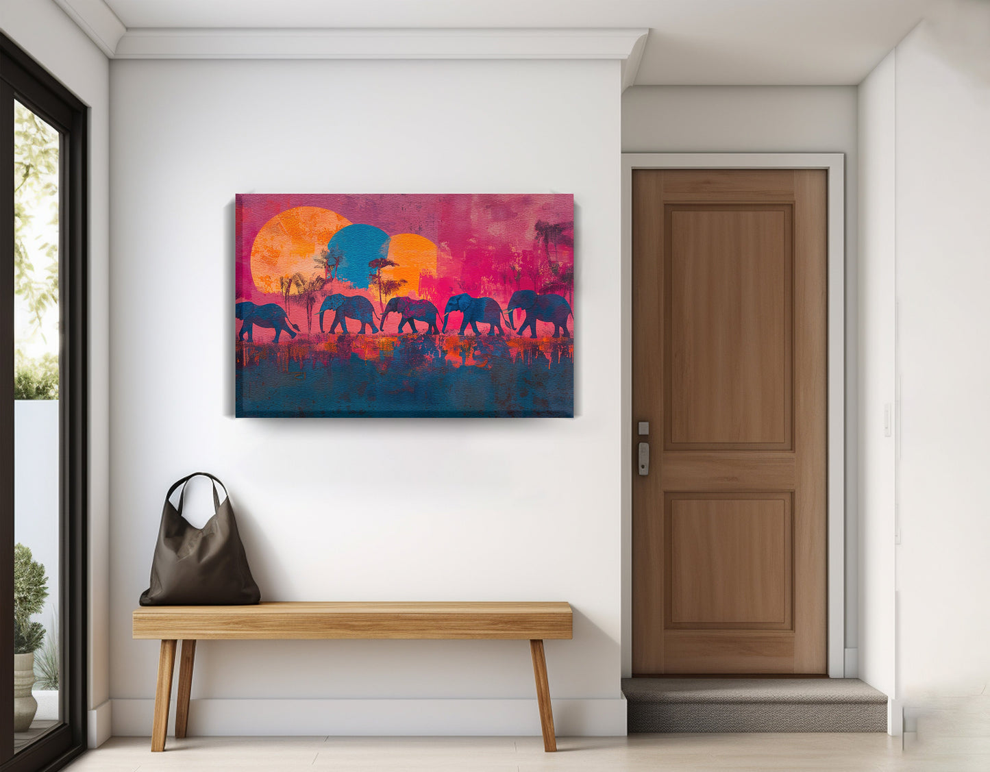 Elephant Silhouette Sunset African American canvas print displayed as entryway wall decor