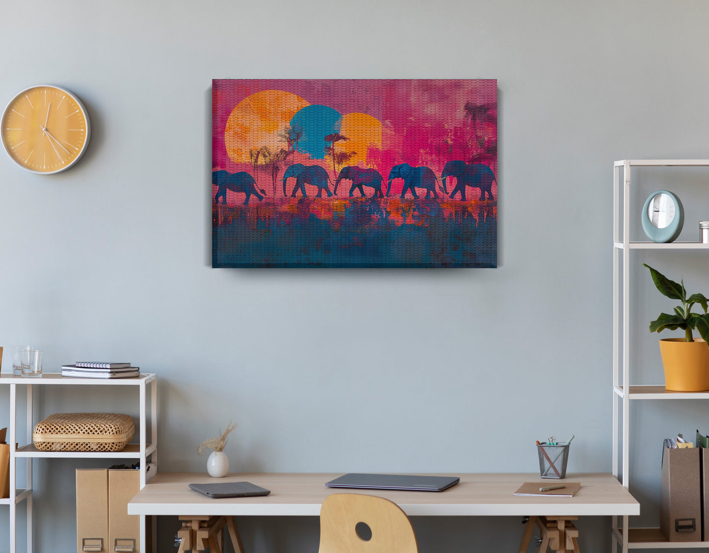 Elephant Silhouette Sunset African American canvas print displayed as office wall decor