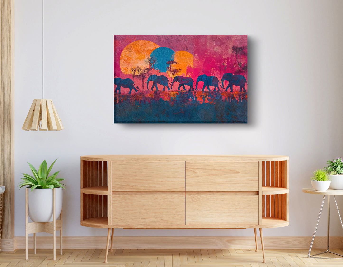 Elephant Silhouette Sunset African American canvas print displayed as living room wall decor