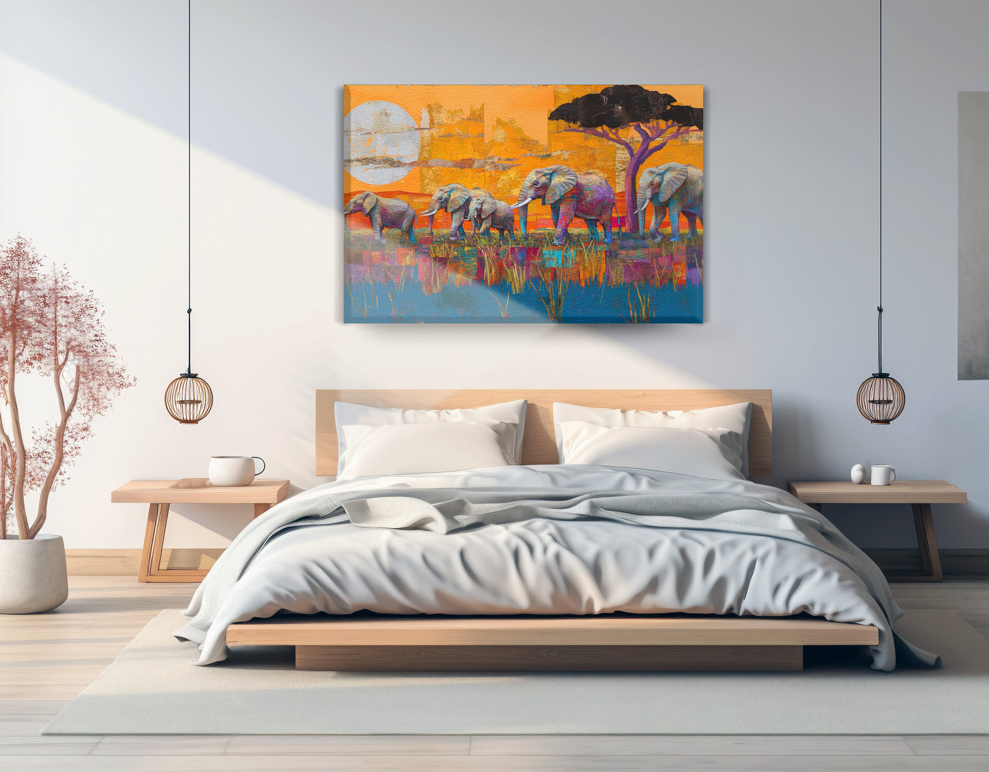 Golden Elephant Herd African American canvas print displayed as bedroom wall decor