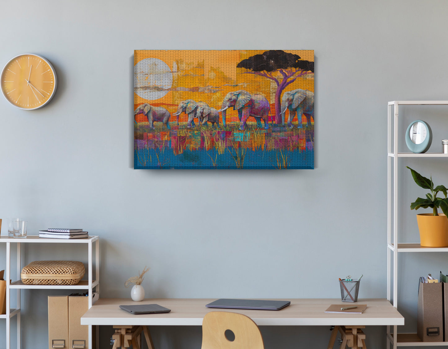 Golden Elephant Herd African American canvas print displayed as office wall decor