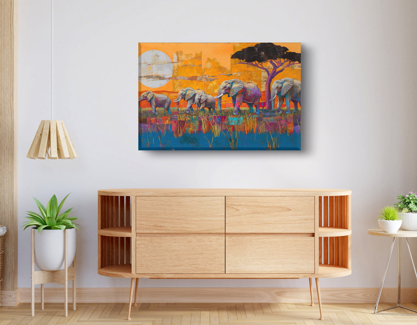Golden Elephant Herd African American canvas print displayed as living room wall decor